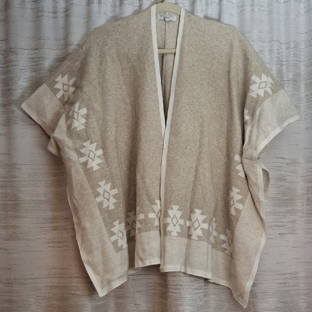 Warm And Cozy Women's Beige and White Patterned Wrap Sweater Medium